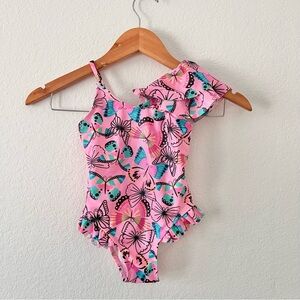 Flapdoodles Pink Sparkly Ruffle Butterfly Swimsuit Sz 5